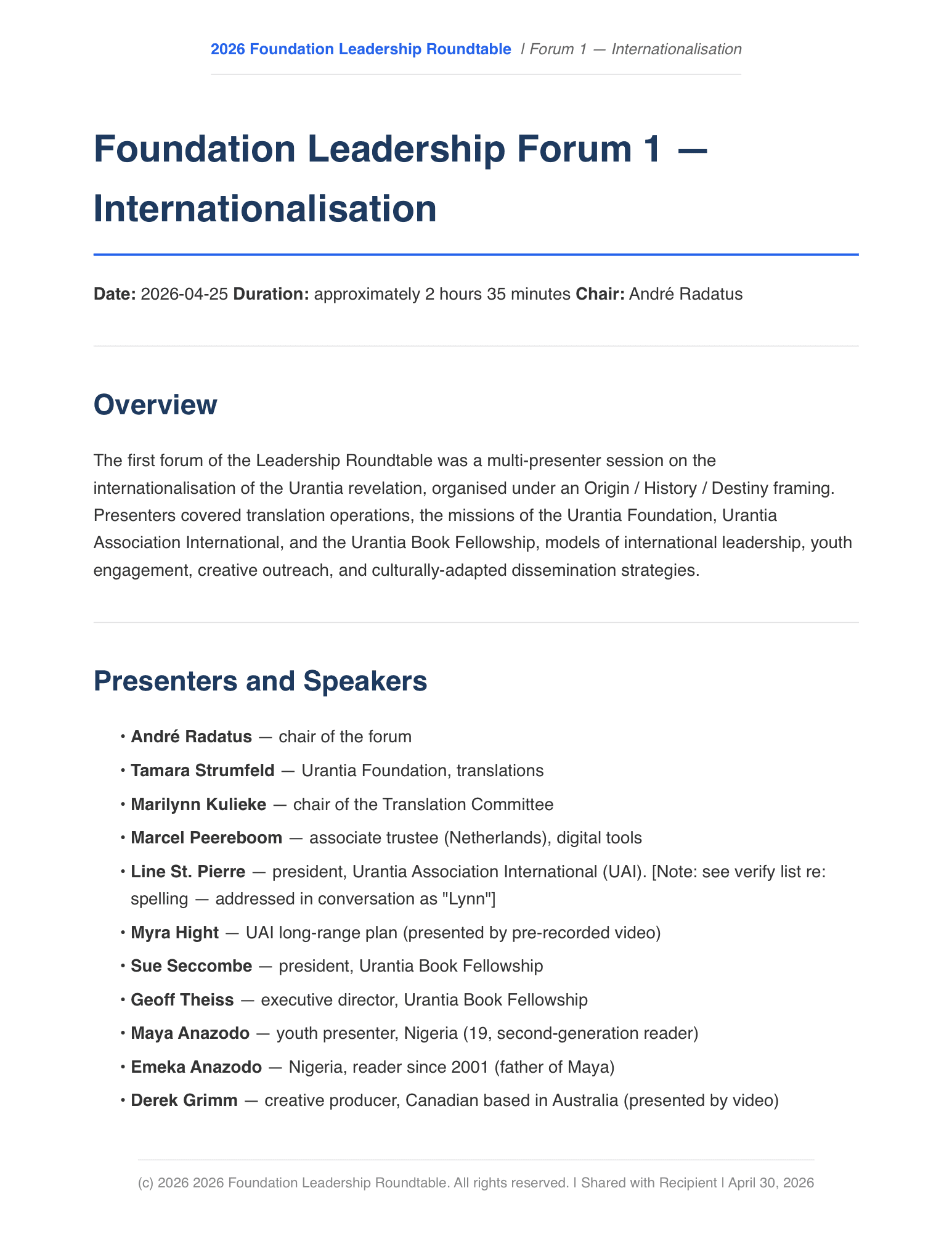 Branded PDF cover for one forum showing date, duration, chair, overview, and presenter list.