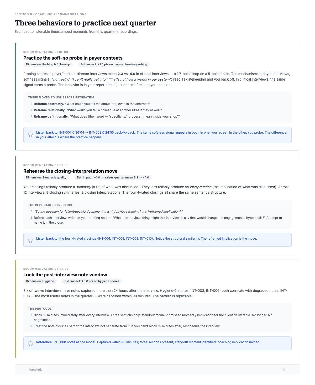 Coaching recommendations page with three behaviors to practice next quarter tied to timestamped moments